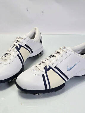 Nike Air Women’s Golf Shoes Size 8.5 White Blue Metal Spikes Leather Cleats